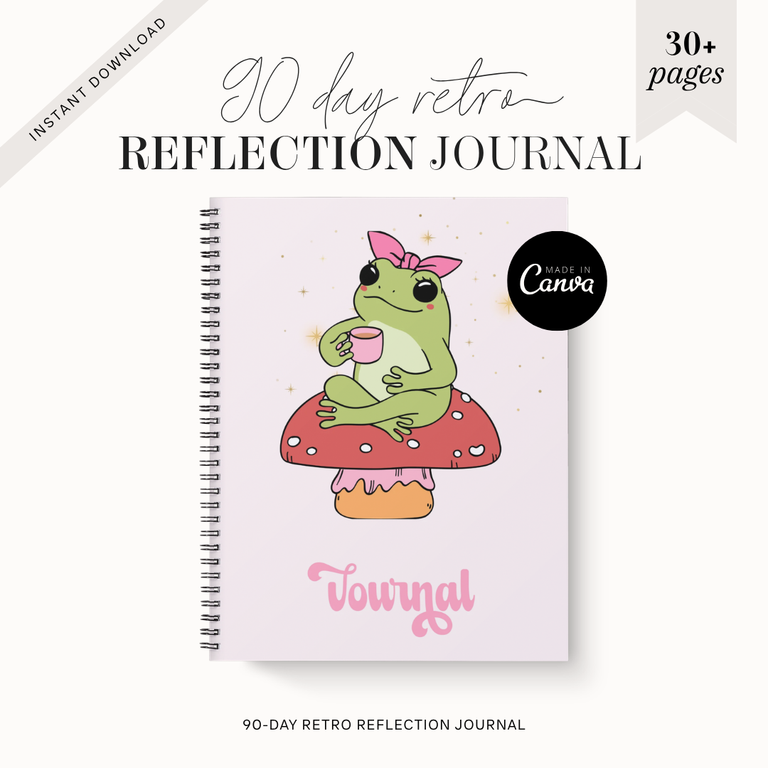 Retro Undated 90 Day Journal Layout, Cute Digital Planner Hyperlinked Index, Weekly Mindful Reflection Notebook, Toadstool Aesthetic iPad PDF