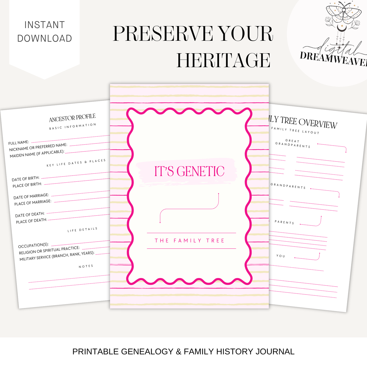 Genealogy Planner Printable, Family Tree Workbook, Ancestor Research Tracker, DNA Record Keeper, Storytelling Heirloom Book, Digital Download