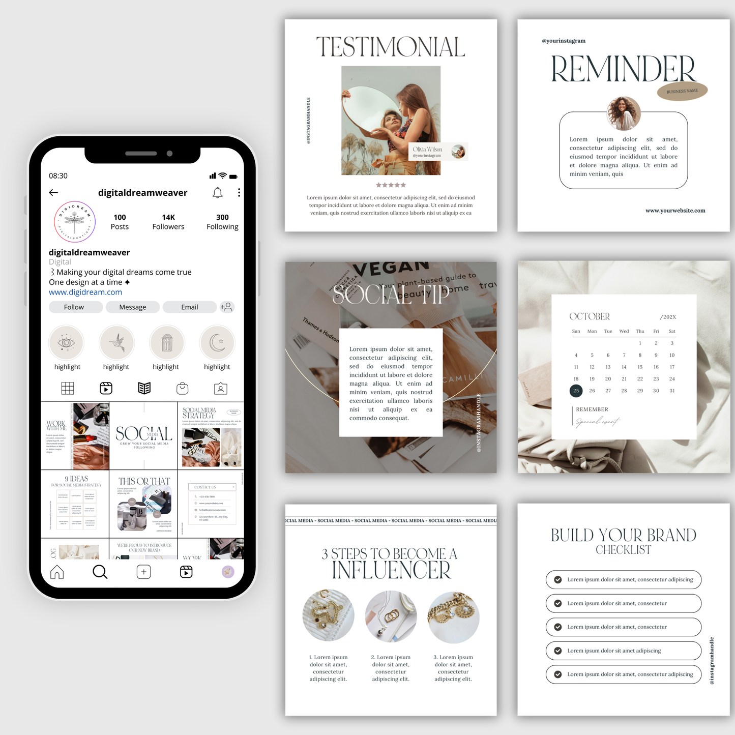 100 Lux & Light Clean, Editorial, White Aesthetic, Engagement Boosting IG Social Media Instagram Posts Template