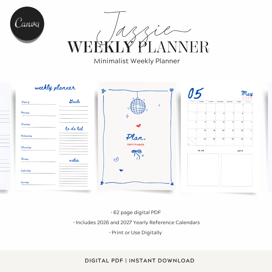 Digital product preview of a minimalist weekly planner template, showing a central cover page with blue line art and text, plus sample weekly and monthly calendar pages on a white background. Text at the top reads 'Jazzie Weekly Planner' and the Canva logo appears in the top left.