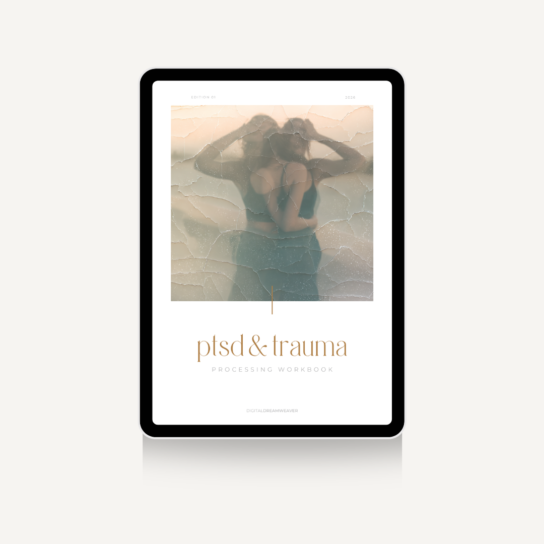 A tablet device displaying a workbook cover titled 'psd&trauma PROCESSING WORKBOOK' with a soft-toned photo of two people embracing. The tablet is centered on a light gray background.