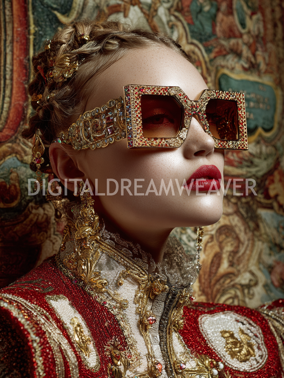 Person wearing ornate sunglasses and elaborate headpiece with intricate patterns, brand 'DIGITALDREAMWEAVER' visible.