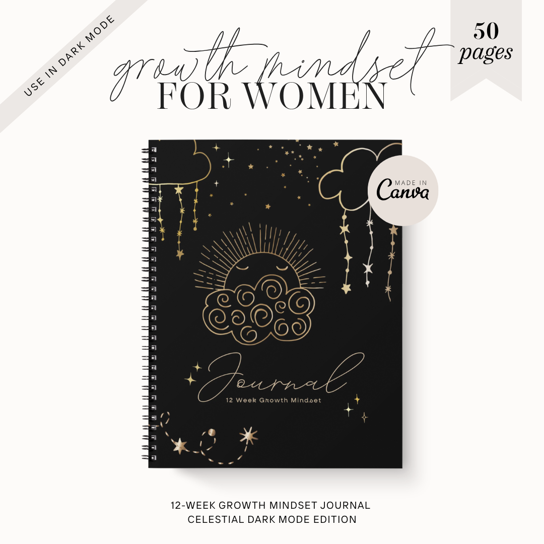 12 Week Growth Mindset PDF Journal | Printable Manifestation Planner | Aesthetic Self Care Routine Journal for Women (dark mode)