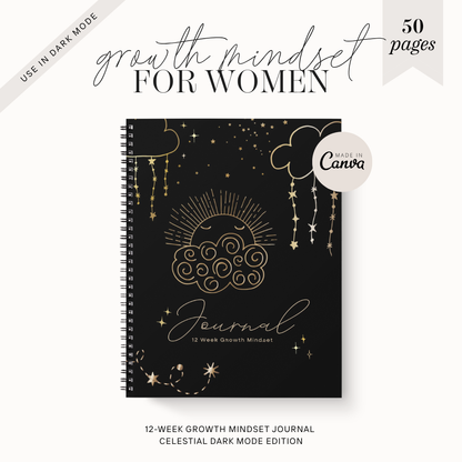 12 Week Growth Mindset PDF Journal | Printable Manifestation Planner | Aesthetic Self Care Routine Journal for Women (dark mode)