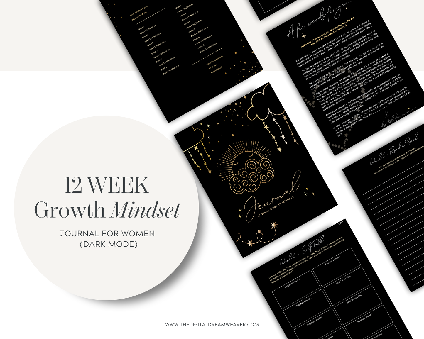 12 Week Growth Mindset PDF Journal | Printable Manifestation Planner | Aesthetic Self Care Routine Journal for Women (dark mode))