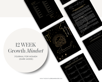 12 Week Growth Mindset PDF Journal | Printable Manifestation Planner | Aesthetic Self Care Routine Journal for Women (dark mode))