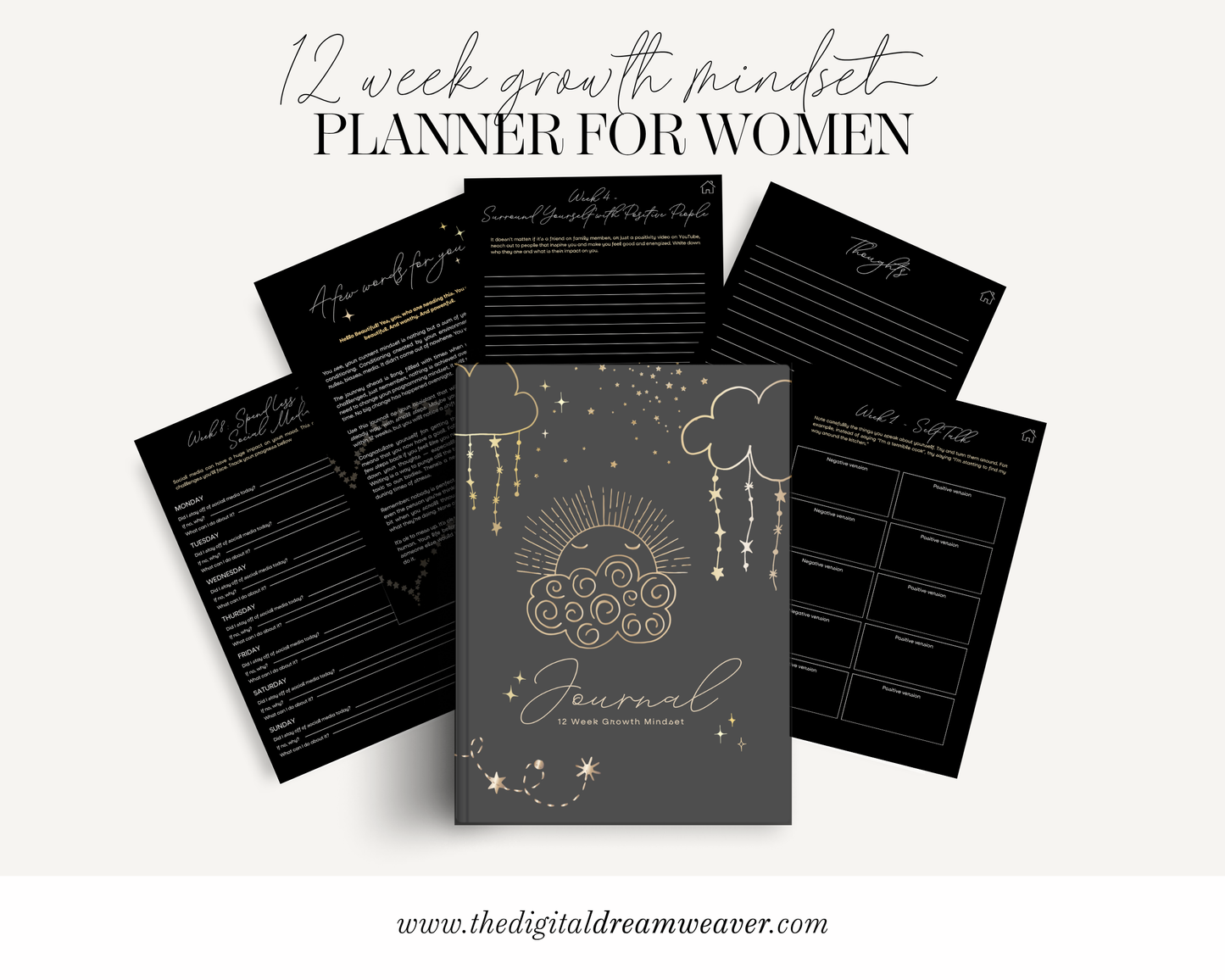 12 Week Growth Mindset PDF Journal | Printable Manifestation Planner | Aesthetic Self Care Routine Journal for Women (dark mode))