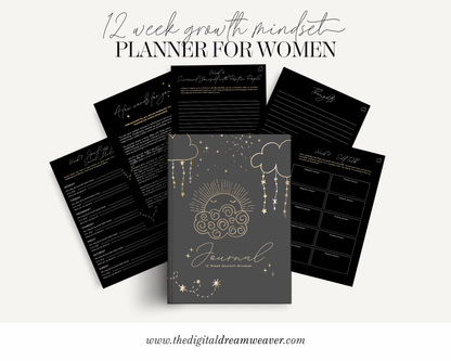 12 Week Growth Mindset PDF Journal | Printable Manifestation Planner | Aesthetic Self Care Routine Journal for Women (dark mode))