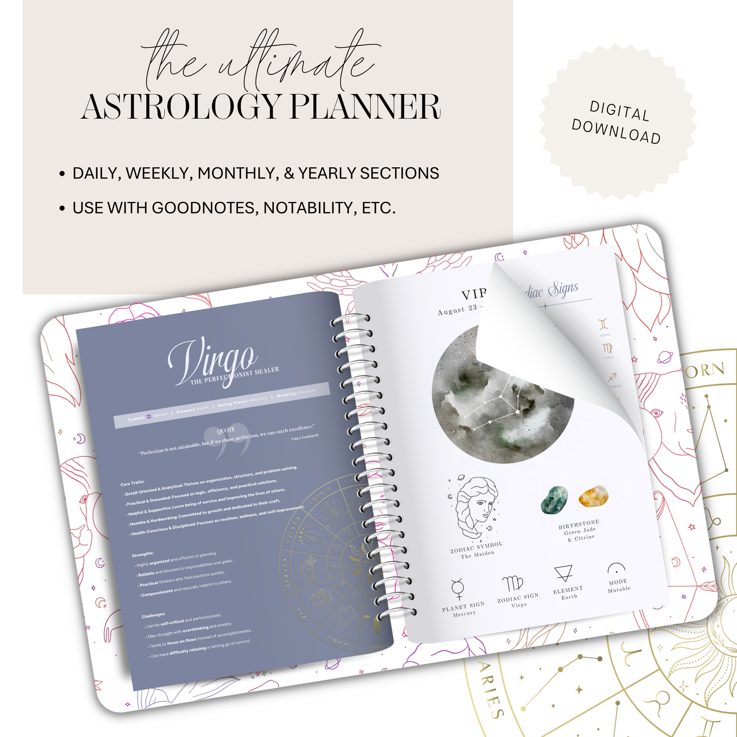 Astrology planner with open pages showing daily and weekly sections on a white background.