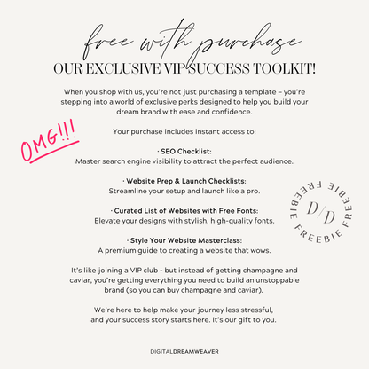Promotional text about an exclusive VIP success toolkit free with purchase, featuring branding elements.