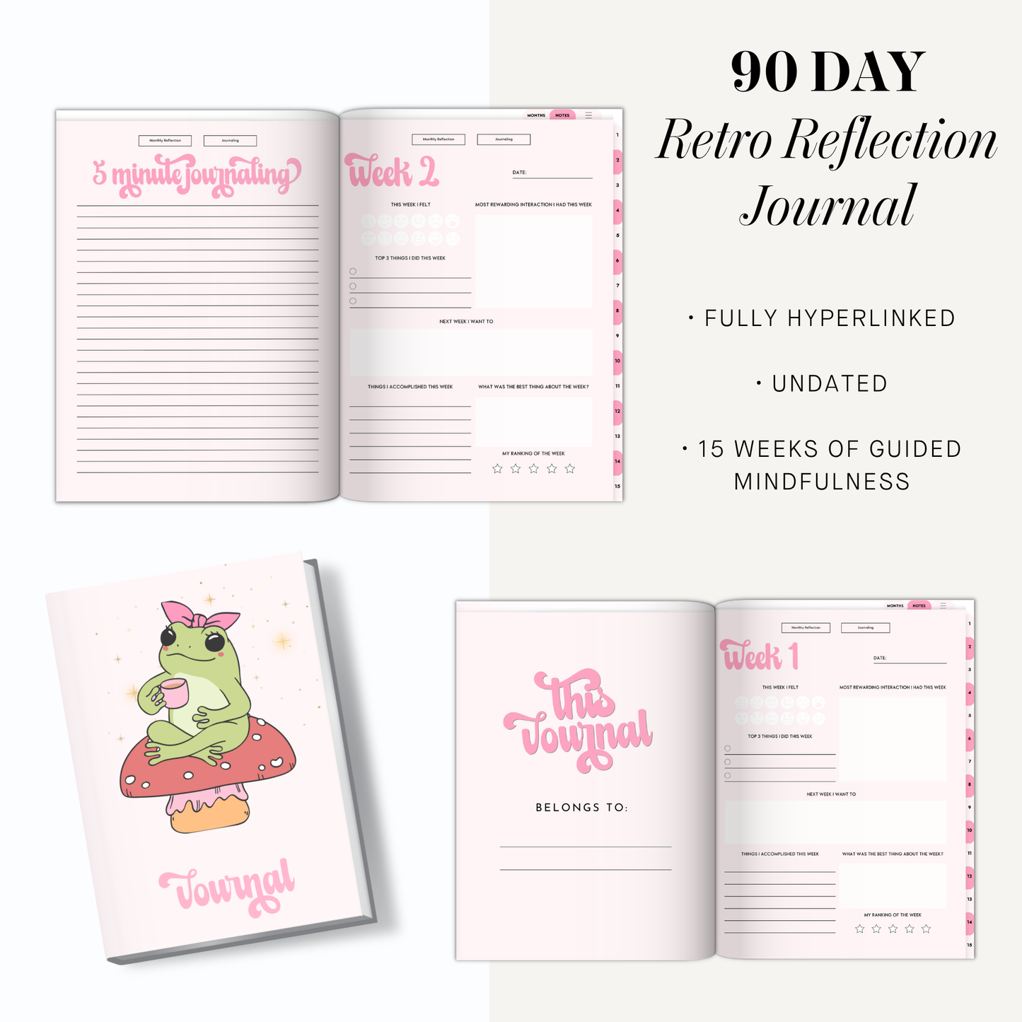 Retro Undated 90 Day Journal Layout, Cute Digital Planner Hyperlinked Index, Weekly Mindful Reflection Notebook, Toadstool Aesthetic iPad PDF