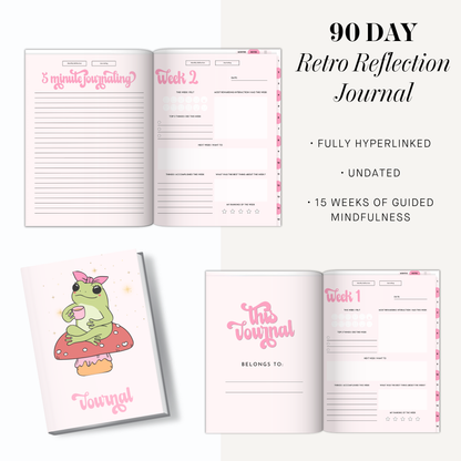 Retro Undated 90 Day Journal Layout, Cute Digital Planner Hyperlinked Index, Weekly Mindful Reflection Notebook, Toadstool Aesthetic iPad PDF