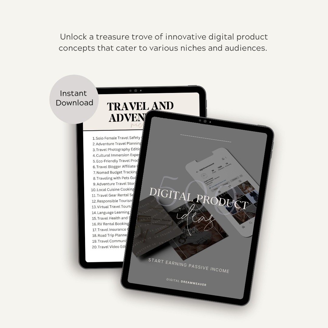 Two tablets displaying digital product ideas with text overlay on a white background