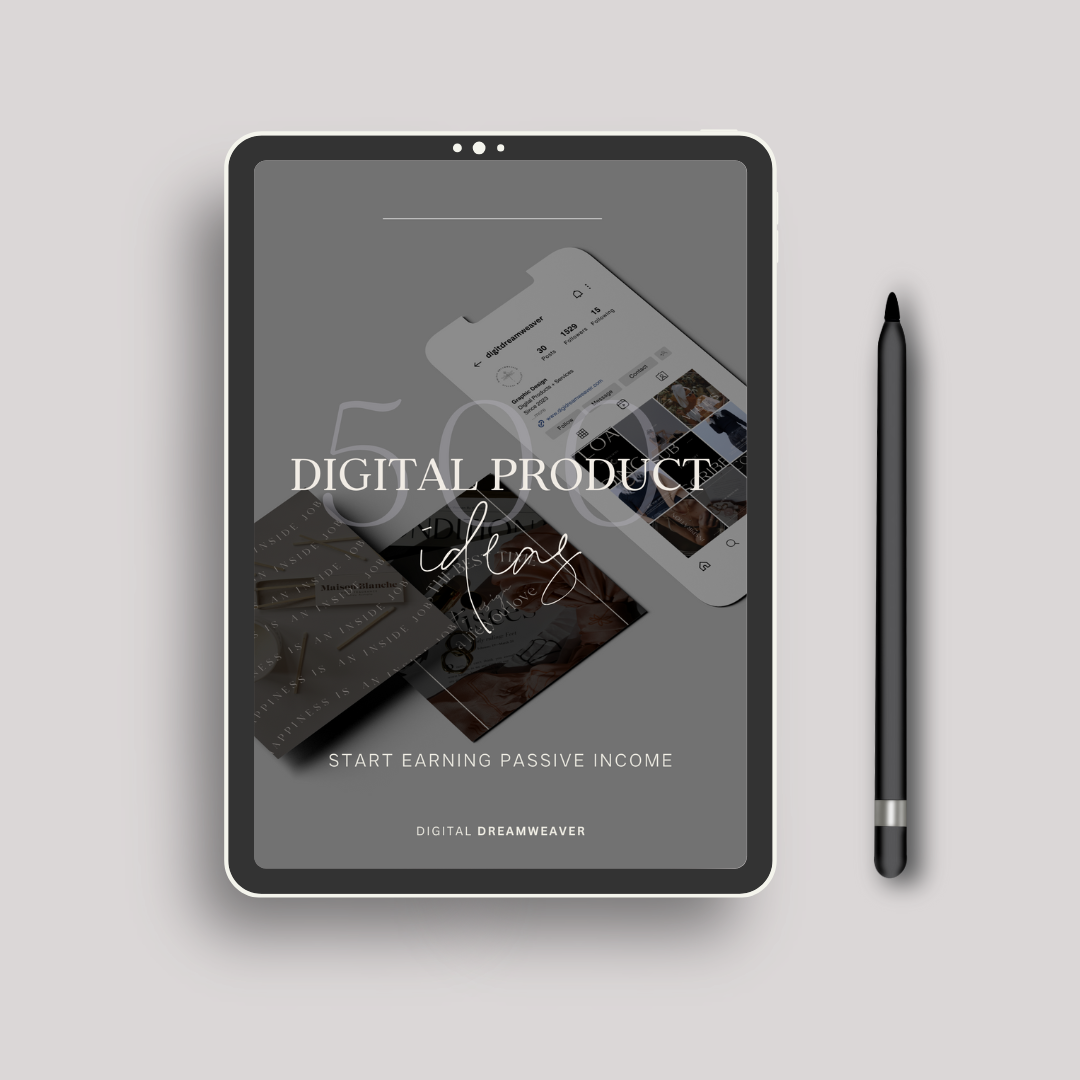 Tablet displaying a digital product idea eBook with a pen on a light gray background