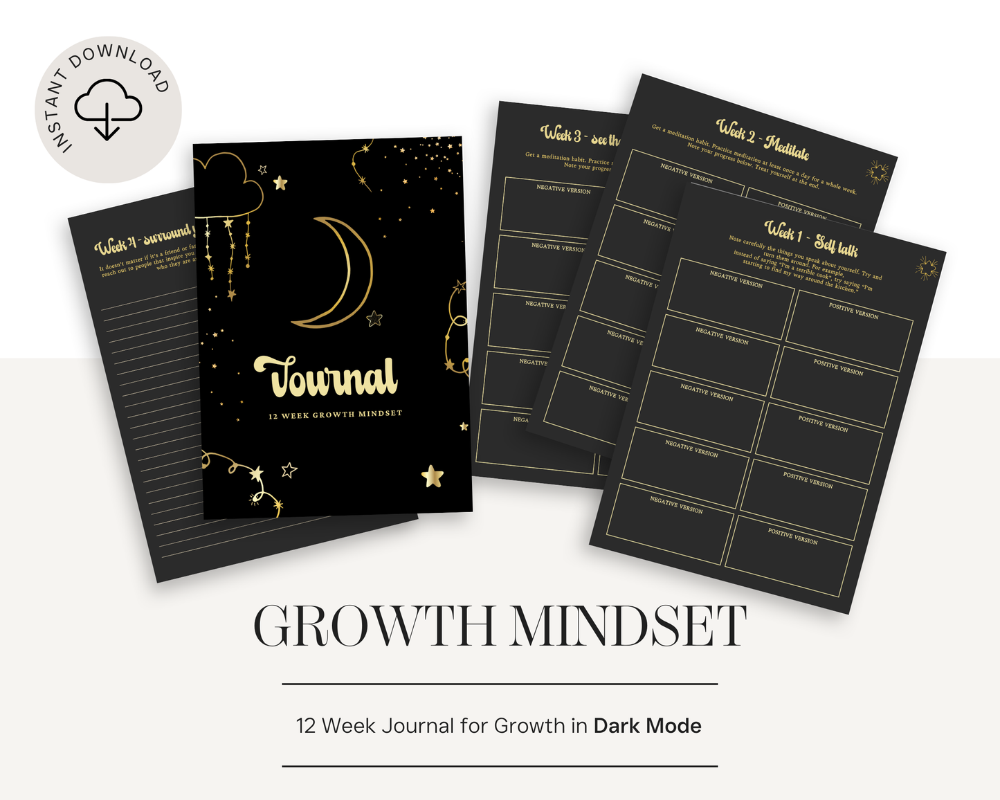 12 Week Growth Mindset PDF Journal | Printable Manifestation Planner | Aesthetic Self Care Routine Journal for Women (dark mode)