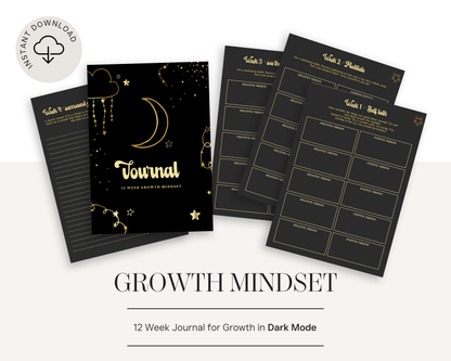 12 Week Growth Mindset PDF Journal | Printable Manifestation Planner | Aesthetic Self Care Routine Journal for Women (dark mode)