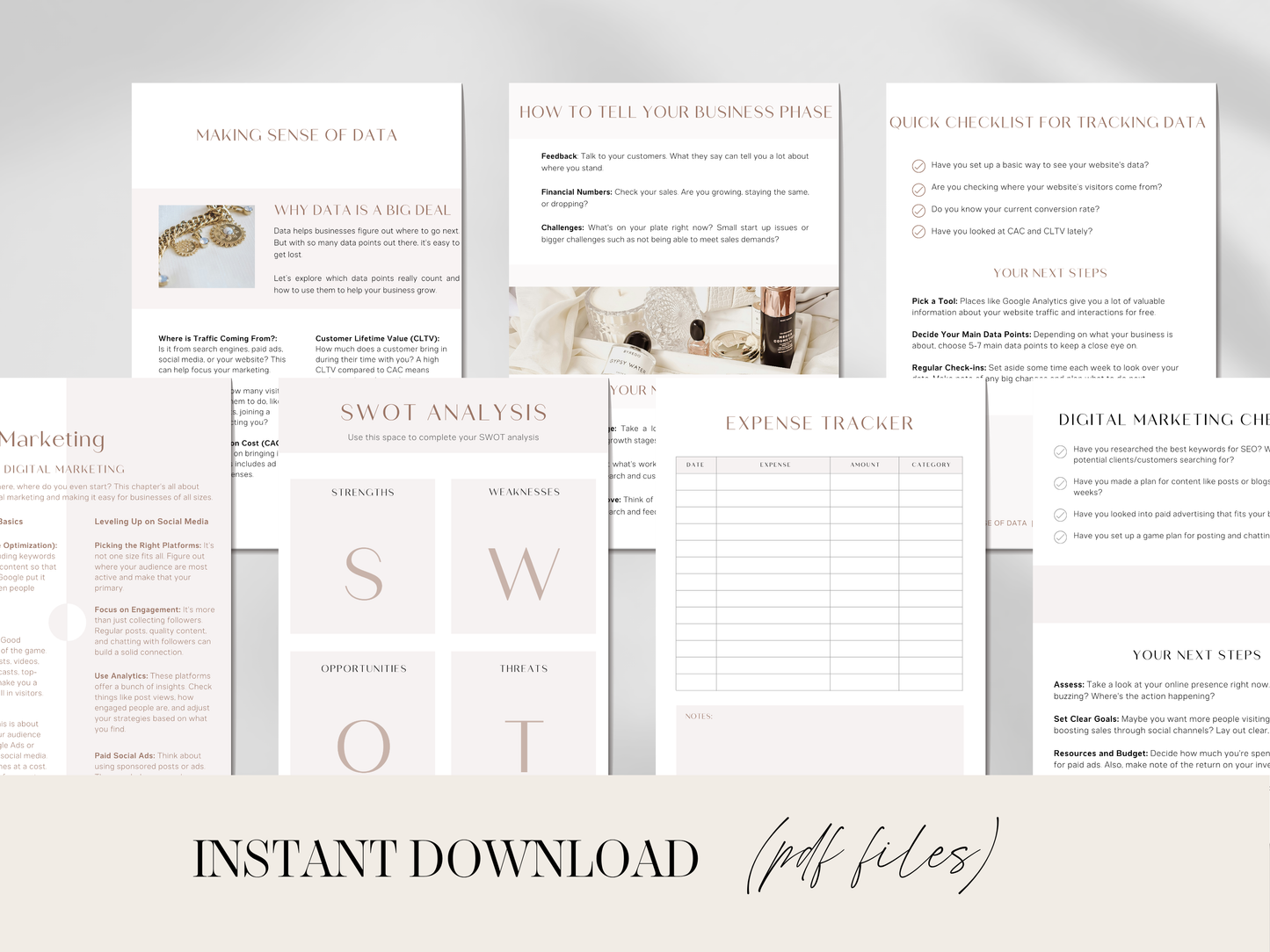 Collection of business planning sheets with text and minimal design elements on a light background.