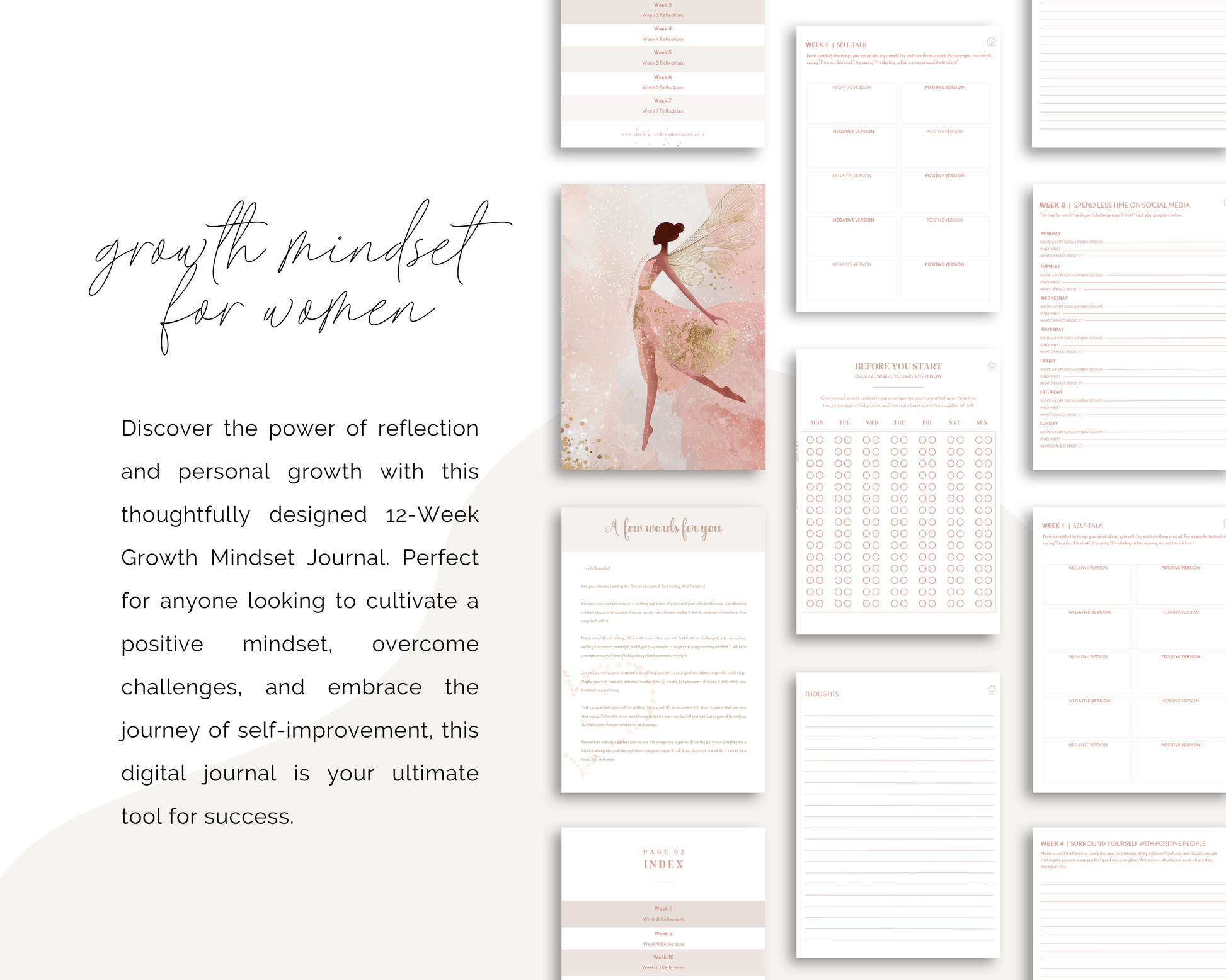 Growth Mindset for Women journal with various pages displayed on a white background