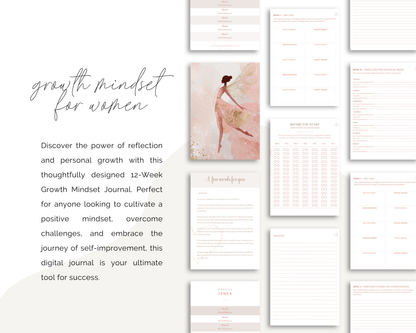 Growth Mindset for Women journal with various pages displayed on a white background