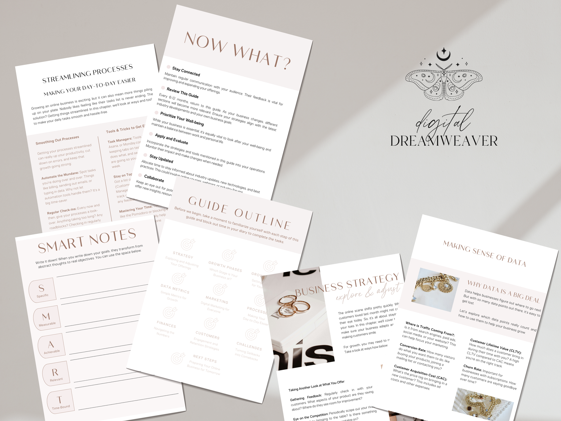 Collection of printed documents with various titles and headings on a light gray background.