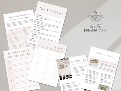 Collection of printed documents with various titles and headings on a light gray background.