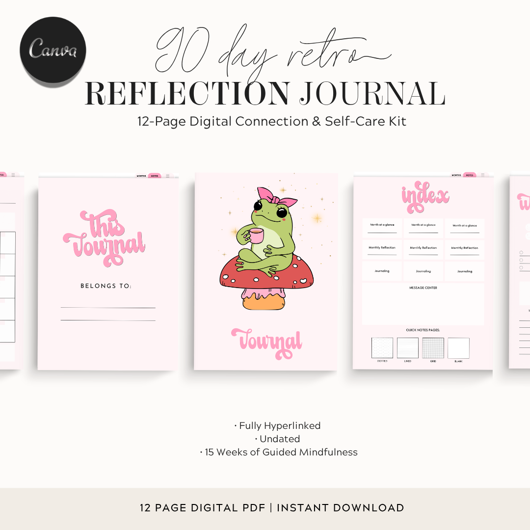 Retro Undated 90 Day Journal Layout, Cute Digital Planner Hyperlinked Index, Weekly Mindful Reflection Notebook, Toadstool Aesthetic iPad PDF