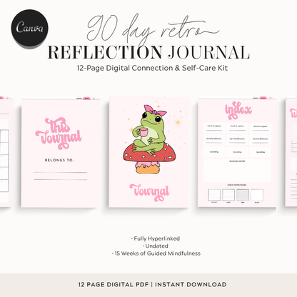 Retro Undated 90 Day Journal Layout, Cute Digital Planner Hyperlinked Index, Weekly Mindful Reflection Notebook, Toadstool Aesthetic iPad PDF