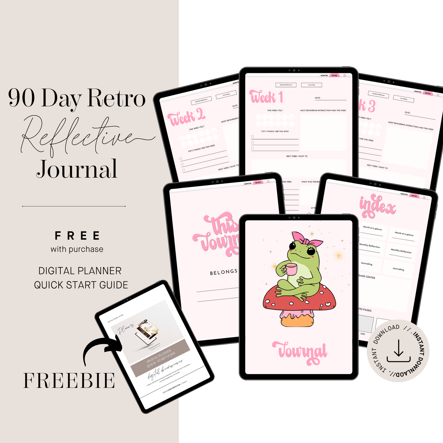 Retro Undated 90 Day Journal Layout, Cute Digital Planner Hyperlinked Index, Weekly Mindful Reflection Notebook, Toadstool Aesthetic iPad PDF