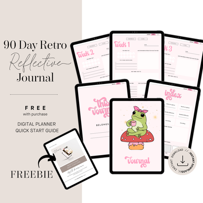 Retro Undated 90 Day Journal Layout, Cute Digital Planner Hyperlinked Index, Weekly Mindful Reflection Notebook, Toadstool Aesthetic iPad PDF