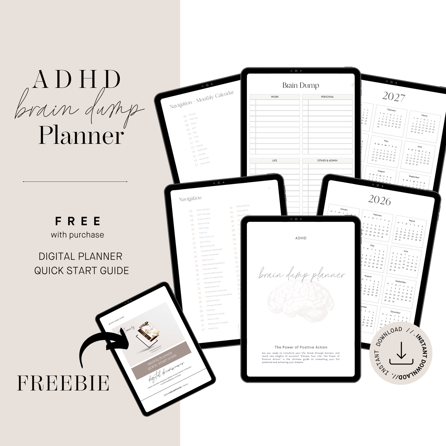 ADHD Brain Dump Planner Digital Journal, Daily Task Tracker, Neurodivergent Mental Health Worksheets & Focus Life Organizer Canva Template