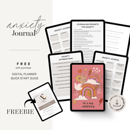 Digital Anxiety Journal Mental Health Workbook Guided Daily Reflection Tracker Hyperlinked PDF Self Care Wellness Mood Goal Setting Tool
