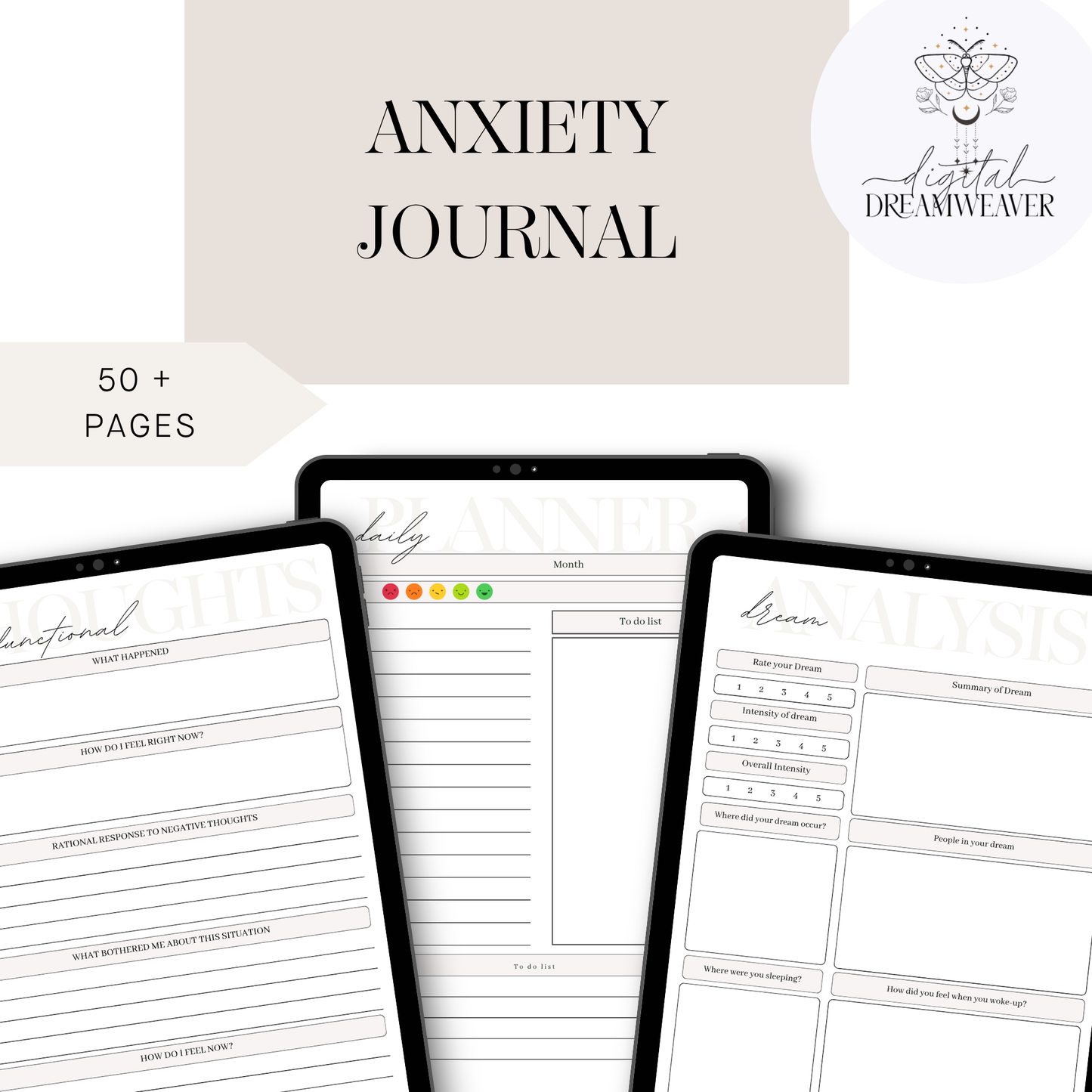 Digital Anxiety Journal Mental Health Workbook Guided Daily Reflection Tracker Hyperlinked PDF Self Care Wellness Mood Goal Setting Tool