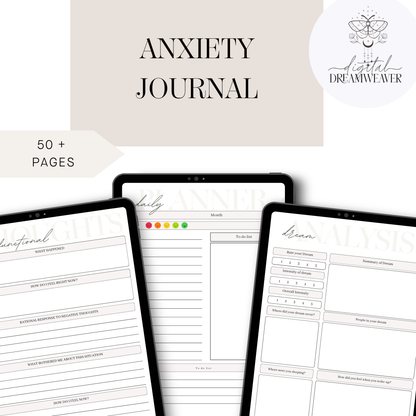 Digital Anxiety Journal Mental Health Workbook Guided Daily Reflection Tracker Hyperlinked PDF Self Care Wellness Mood Goal Setting Tool