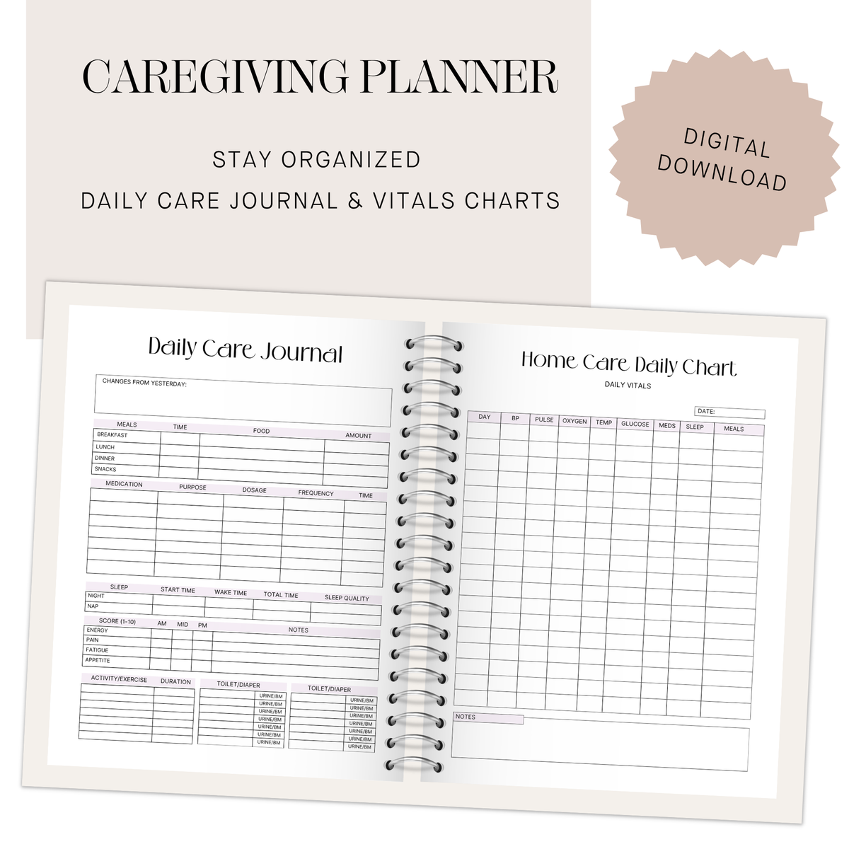 Caregiver Planner | Printable Daily Care Journal | Medical Schedule Log, Home Health Care Tracker, Nurse Patient Information Forms