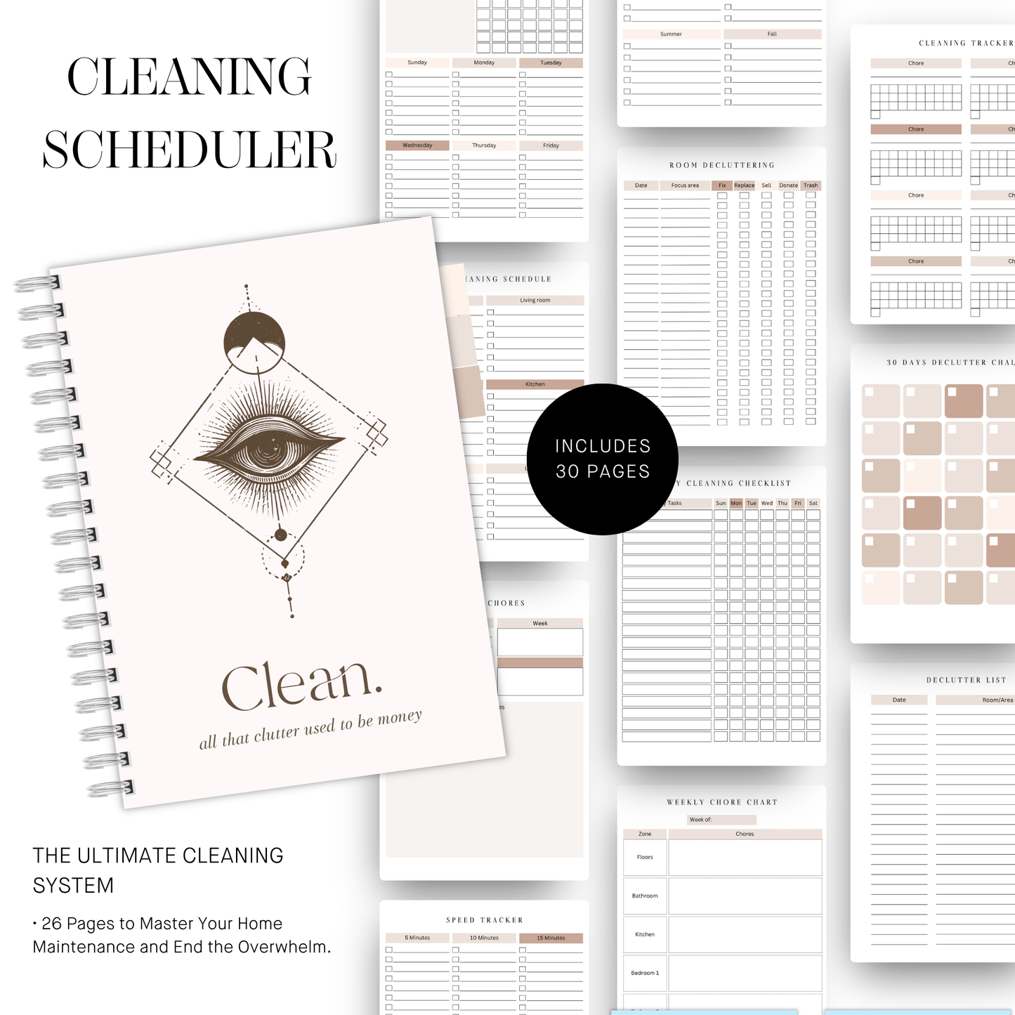 Ultimate Home Cleaning Schedule Planner, 30 Day Declutter Challenge, Deep Clean Master Checklist, Zone Cleaning Digital Tracker PDF
