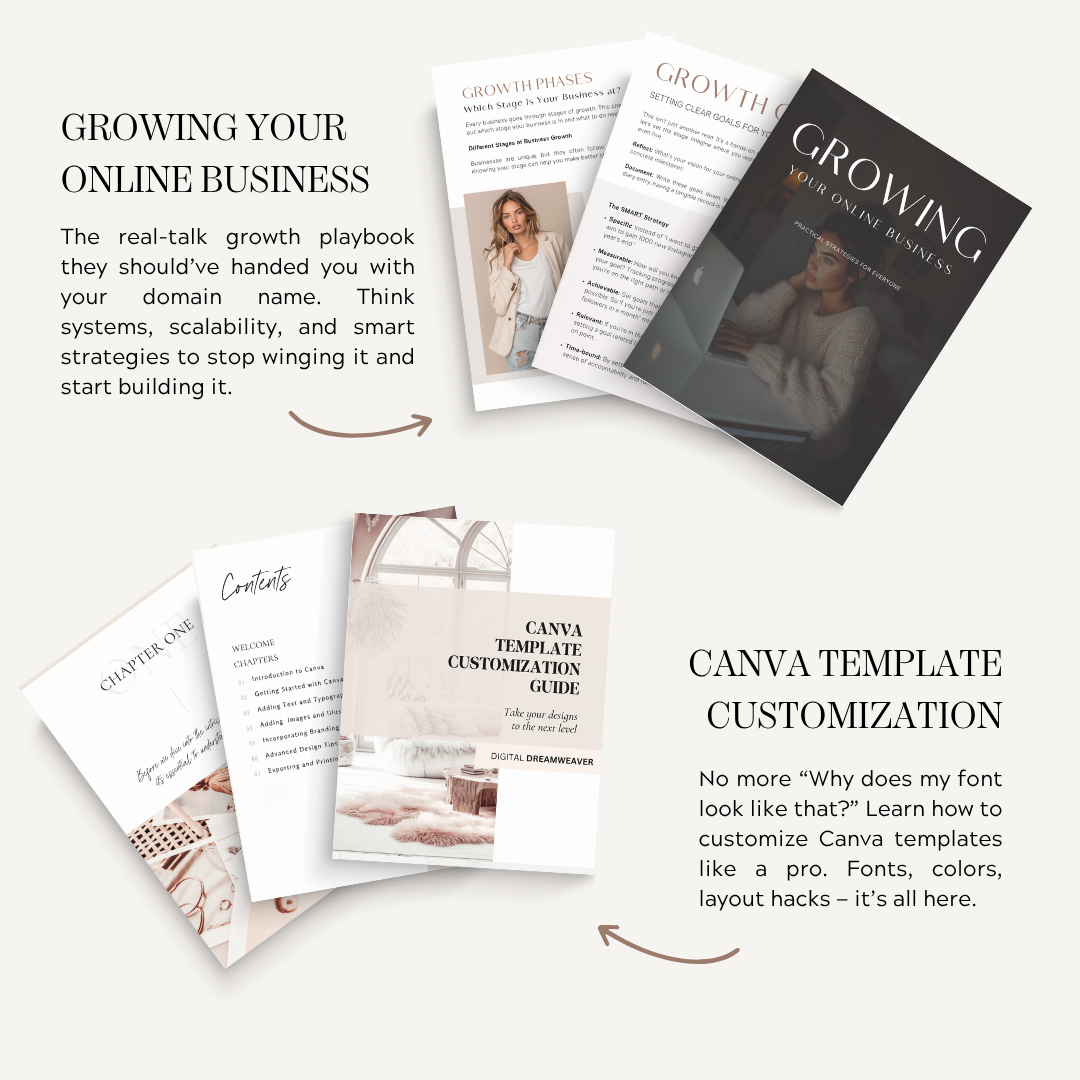 Canva template customization guide with printed materials on a white background