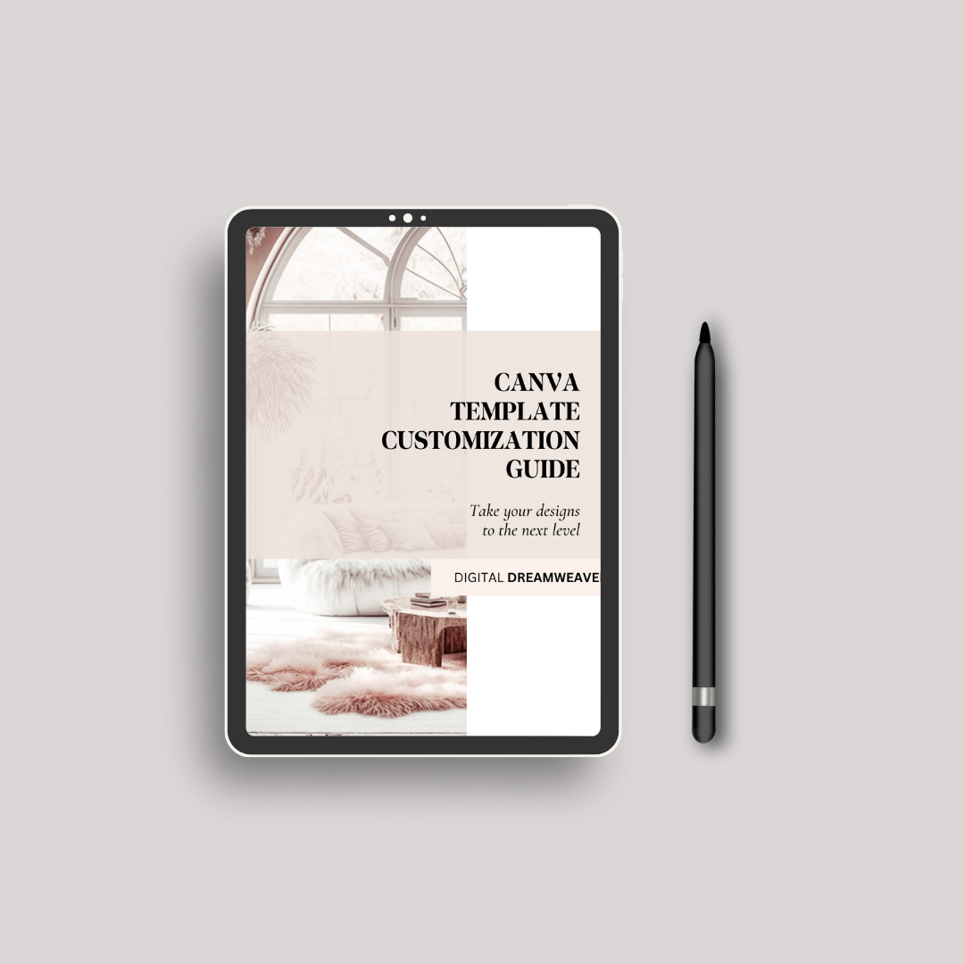 Tablet displaying a Canva template customization guide with a pen on a light gray background