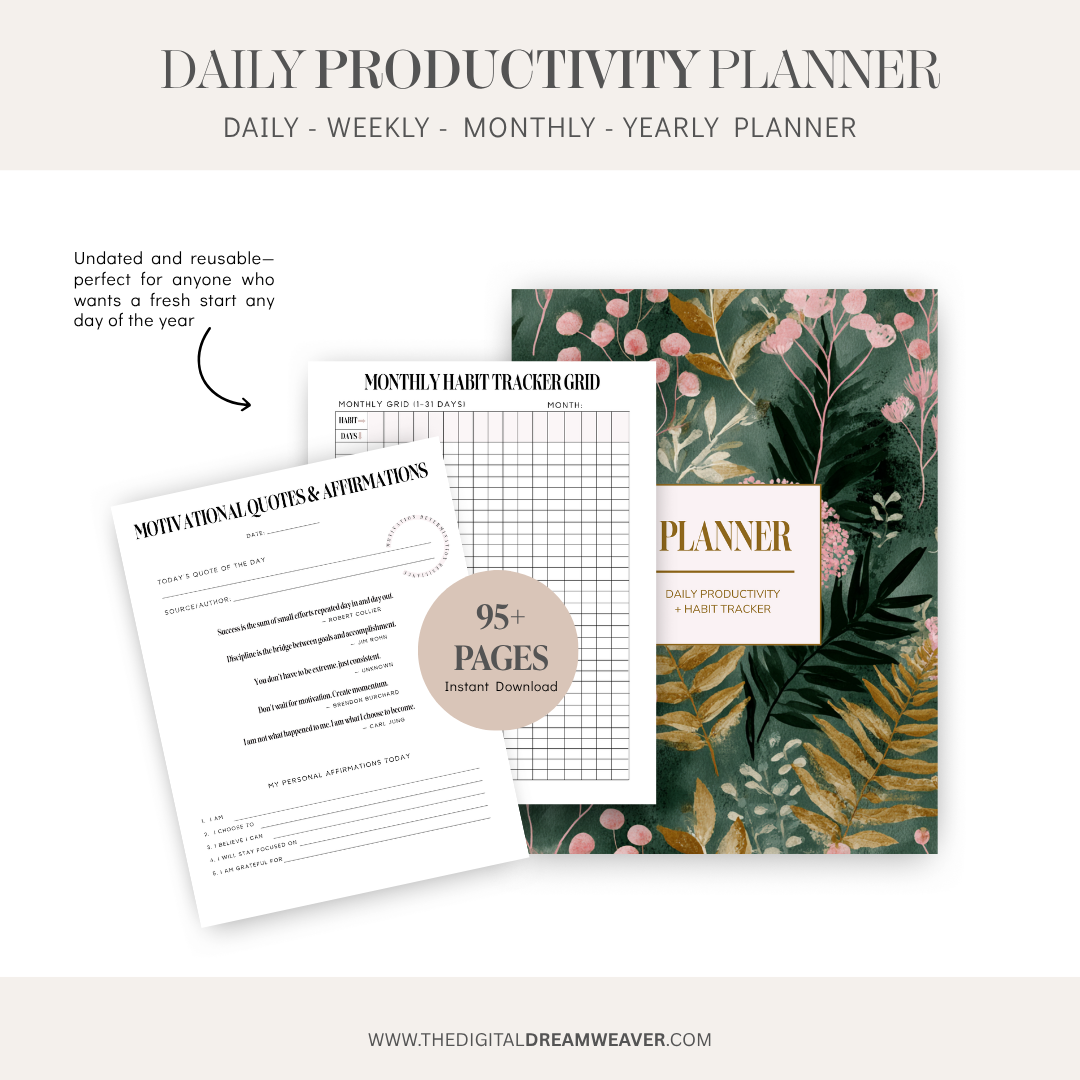 Daily productivity planner with motivational quotes, habit tracker, and floral design on a white background.