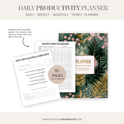 Daily productivity planner with motivational quotes, habit tracker, and floral design on a white background.
