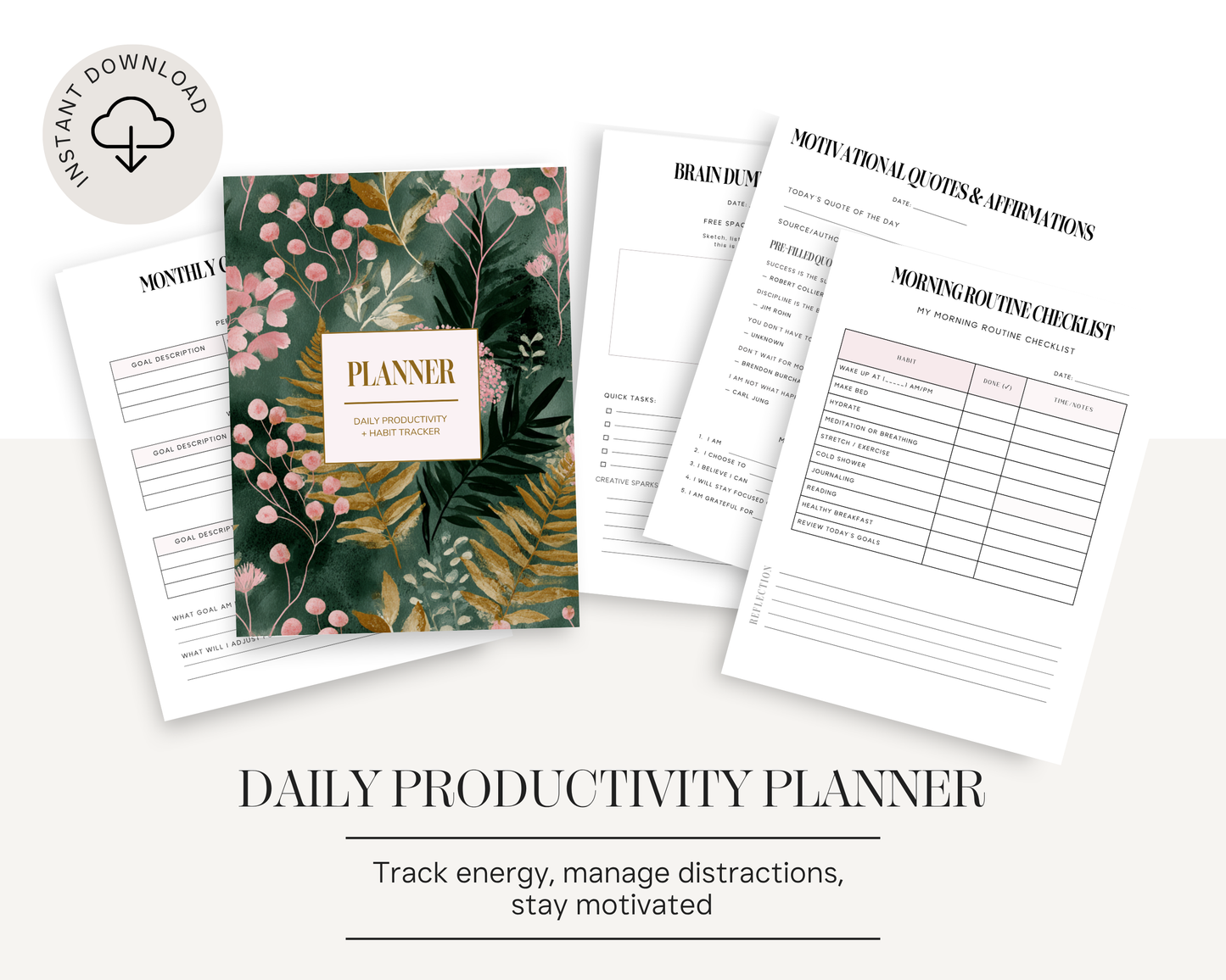 Daily productivity planner with floral design on a white background