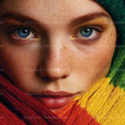 Close-up of a person wearing a colorful scarf with a blurred background