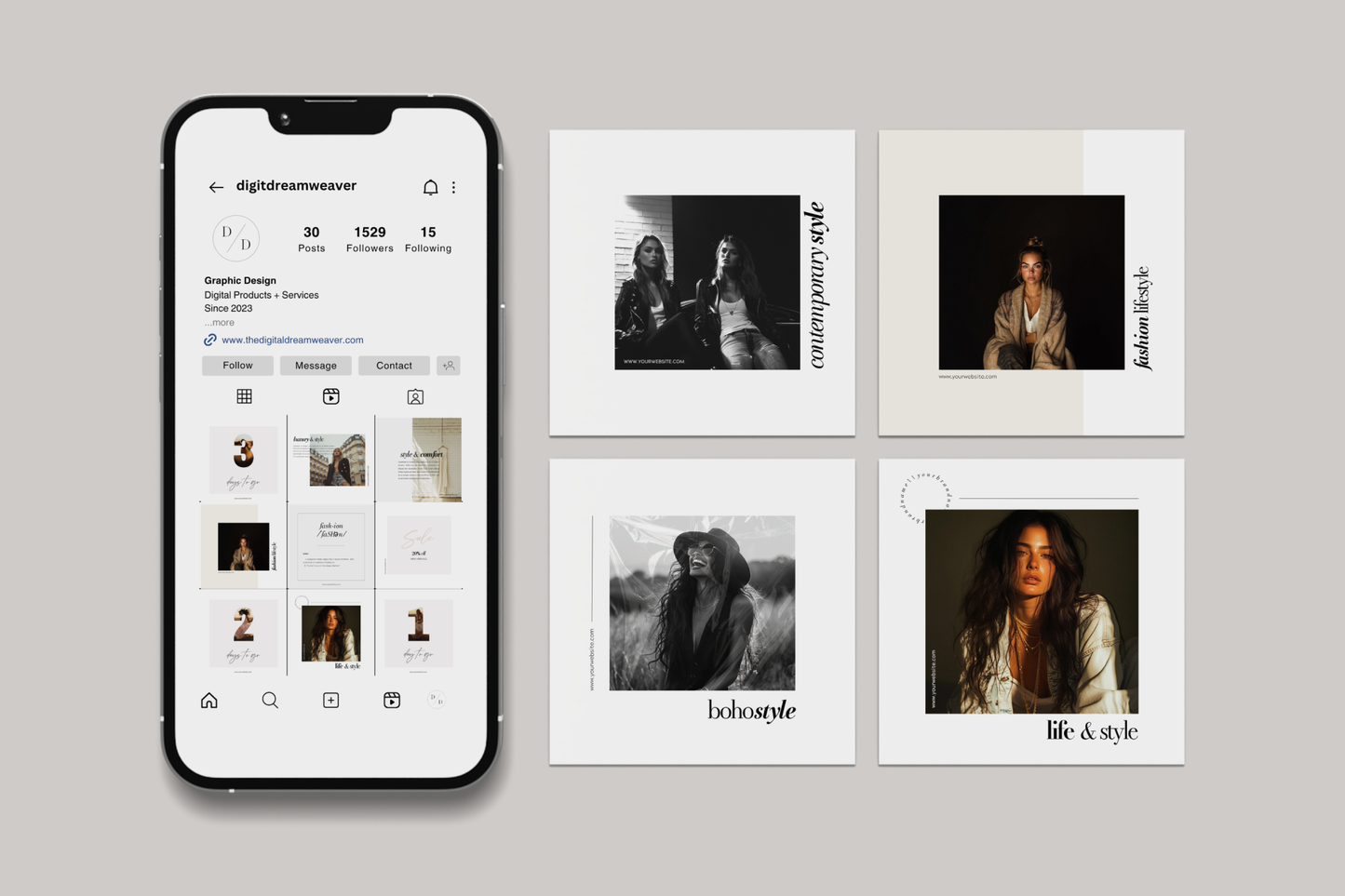 Phone displaying a social media app with images of a woman on a gray background