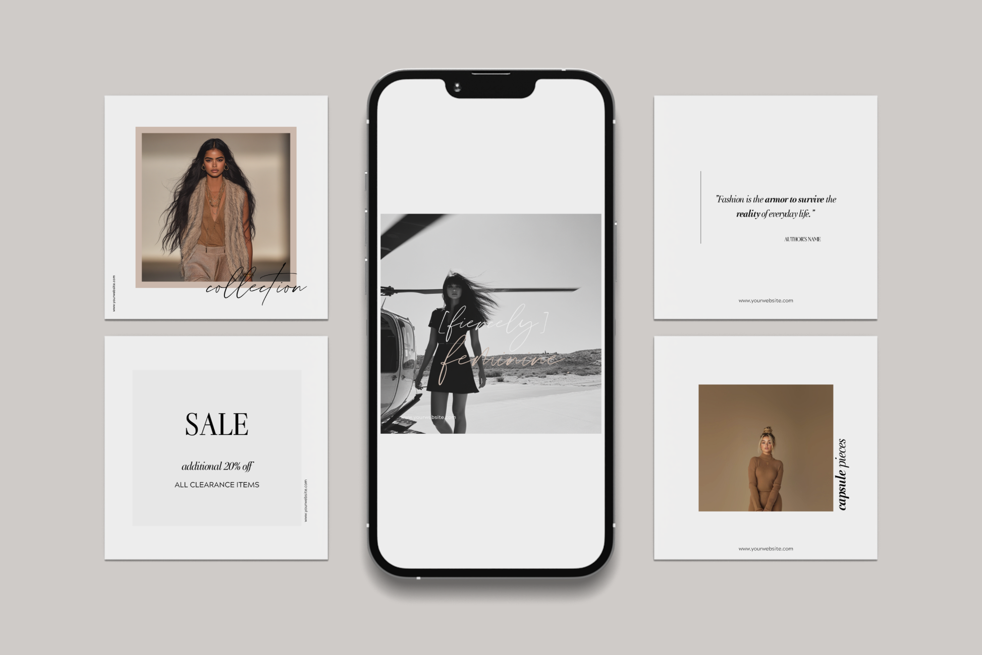 Phone displaying a lifestyle app interface with images of people and text on a gray background