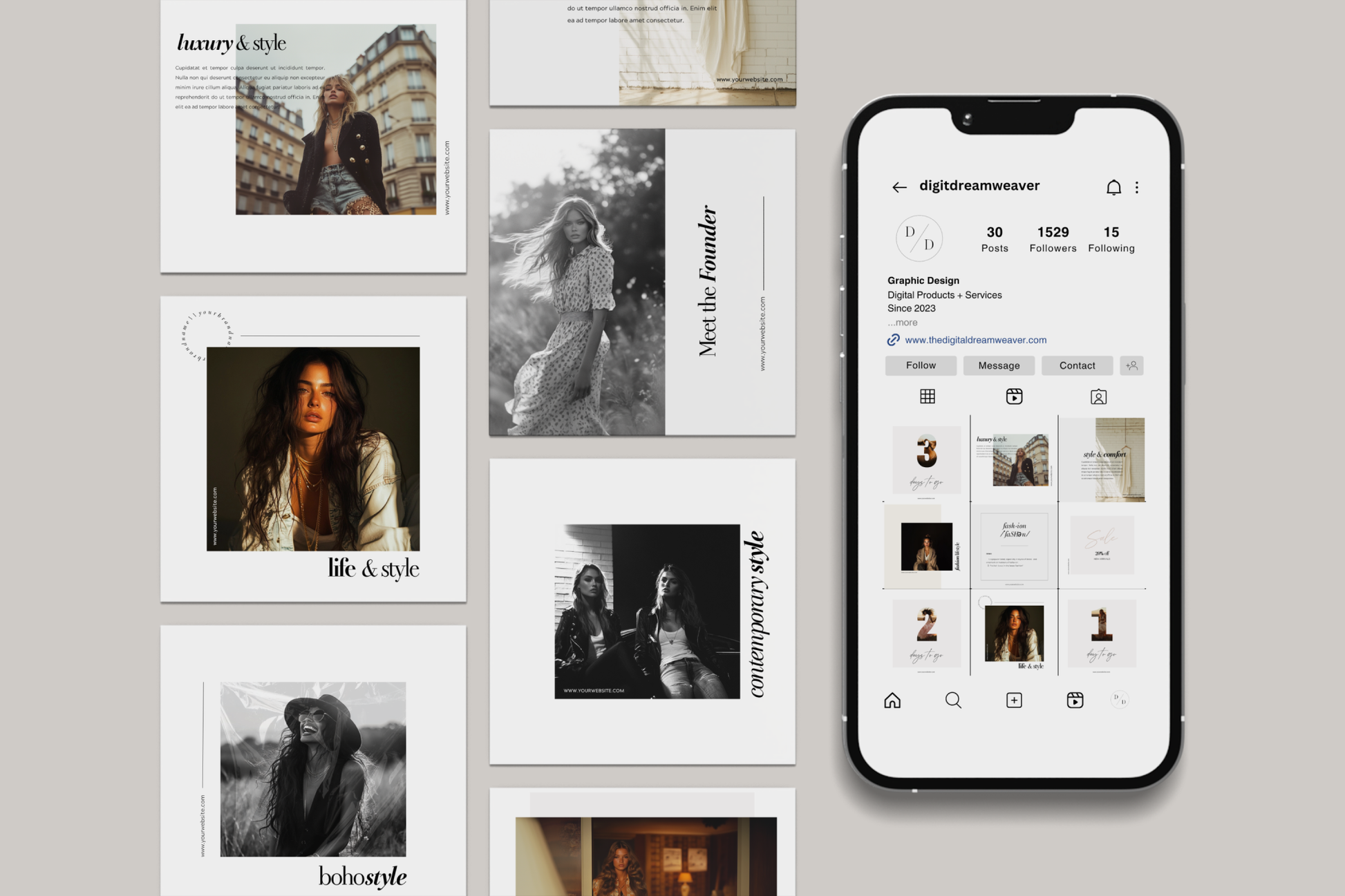 Smartphone displaying a social media platform with profile and post thumbnails on a light gray background