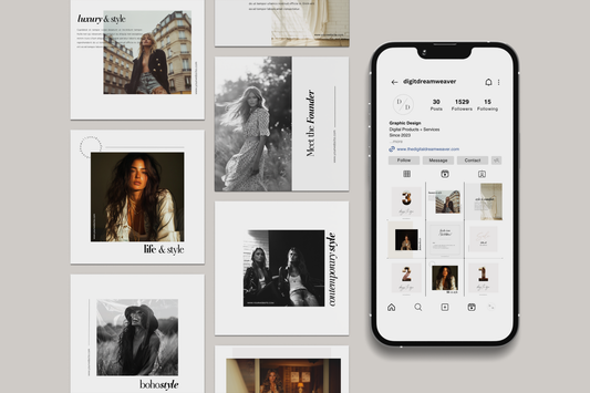 Smartphone displaying a social media platform with profile and post thumbnails on a light gray background