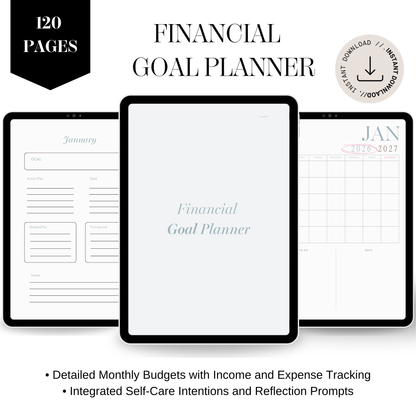 2026 2027 Financial Goal Planner and Monthly Budget Spreadsheet, Digital Wealth Tracker with Self Care Intentions, Minimalist Money Journal