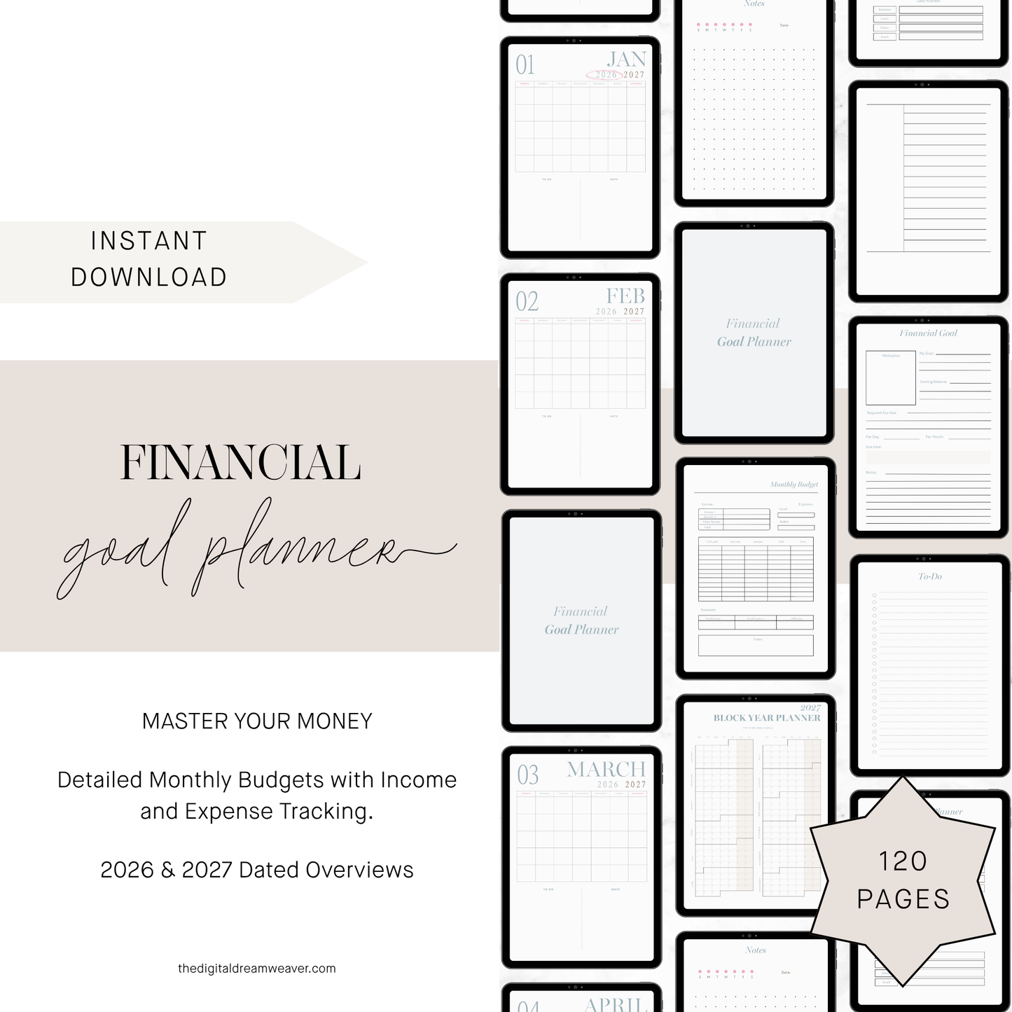 2026 2027 Financial Goal Planner and Monthly Budget Spreadsheet, Digital Wealth Tracker with Self Care Intentions, Minimalist Money Journal