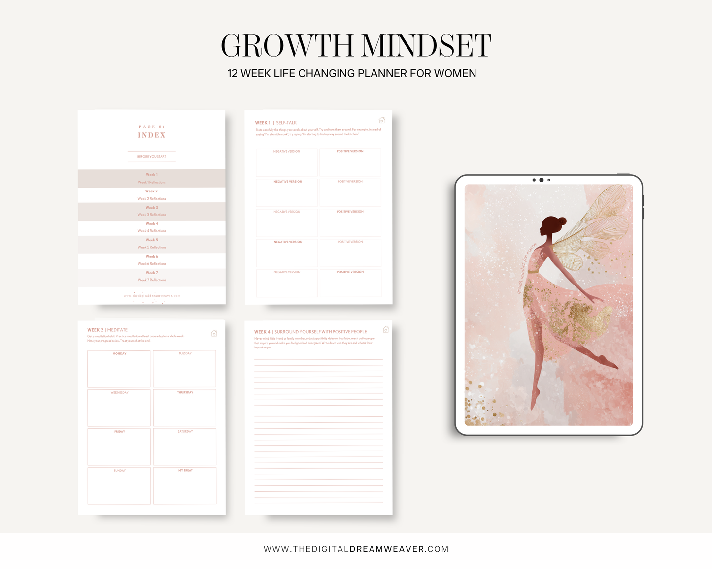 Growth Mindset planner for women with a digital device displaying a dancer on a white background
