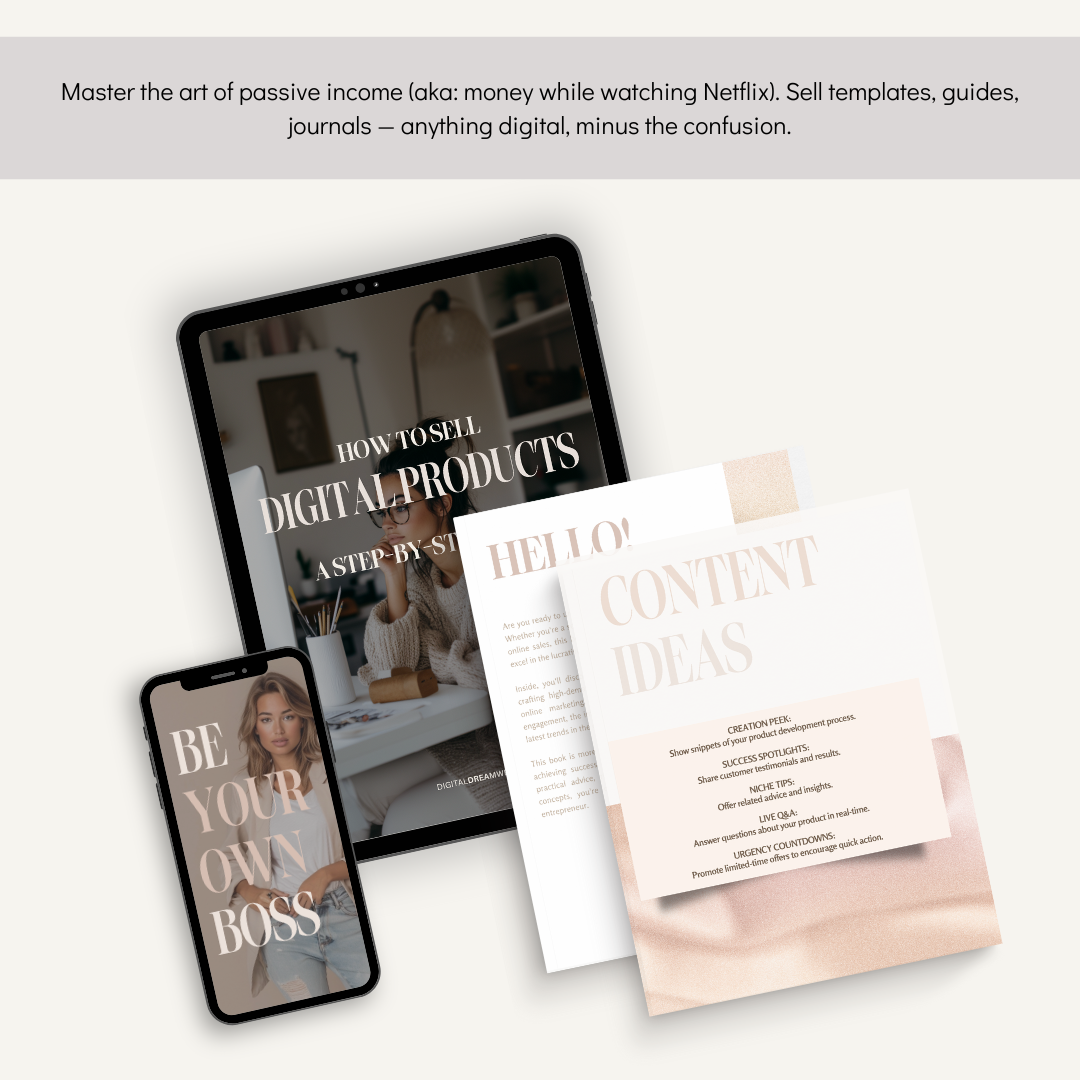 Digital products including a tablet, smartphone, and printed materials on a white surface.