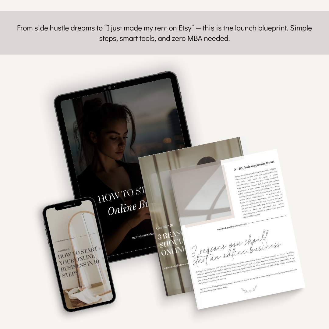 Digital products including a tablet, smartphone, and printed materials on a white background.